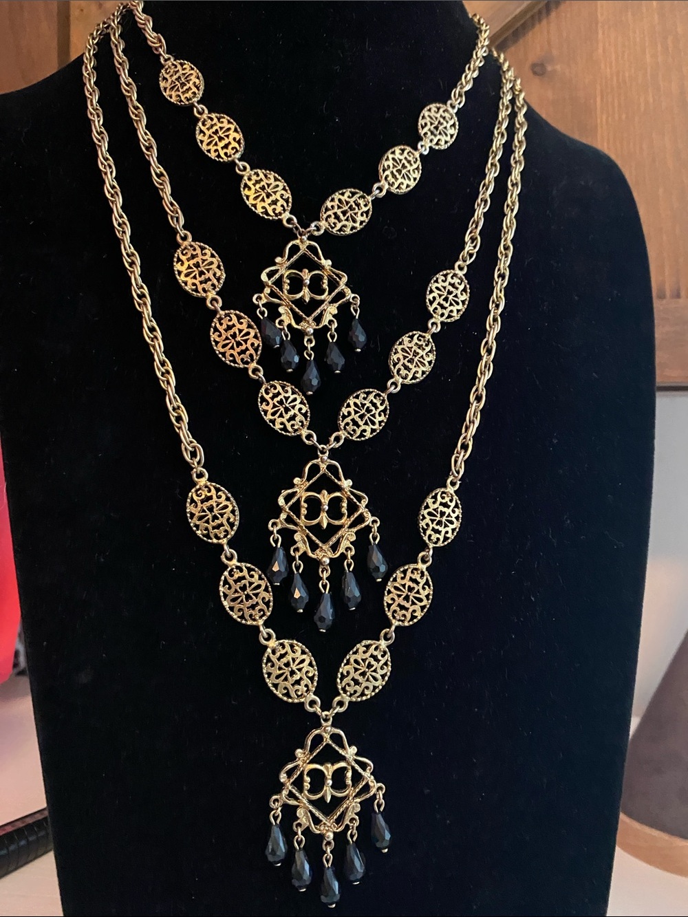 VTG Gold and Black Multi-Strand Filigree  Necklace